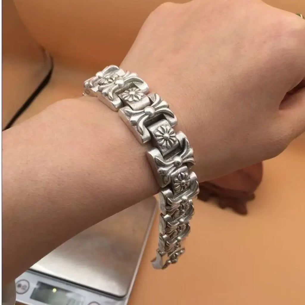Vintage Tibetan Silver Bracelet Unique Design Fashion Jewelry Silver Craft Bracelet with Traditional Patterns Showcasing Retro