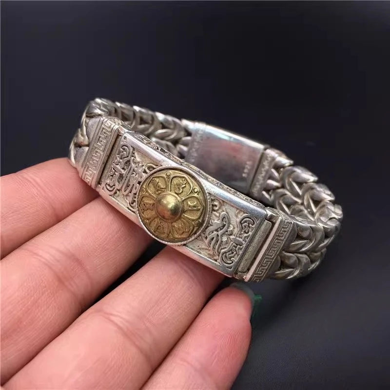 Handmade  silver Nepalese retro hollow-out pattern Tibetan silver bracelet for men, domineering, stylish and good luck-bringing