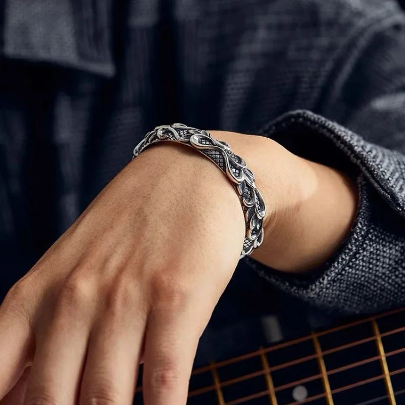 Copper Electroplated Gold Wave Bracelet, God of the Sea Men's Bold Personality Sterling Silver Open Bracelet, Three-Dimensional