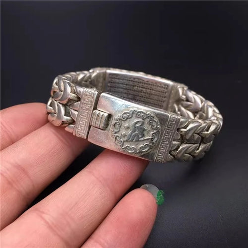 Handmade  silver Nepalese retro hollow-out pattern Tibetan silver bracelet for men, domineering, stylish and good luck-bringing