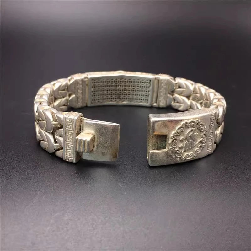 Handmade  silver Nepalese retro hollow-out pattern Tibetan silver bracelet for men, domineering, stylish and good luck-bringing