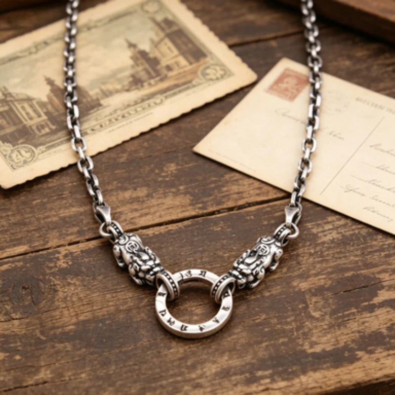 Newly designed 100%S925 sterling silver hollowed-out necklace Fortune Lucky retro Hip Hop men Women fashion punk jewelry gift